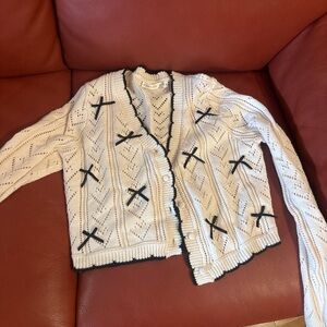 Altar'd State Cream Openwork Cardigan with Black Ribbon Accents